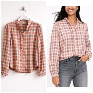 Ann Taylor LOFT Button-front Office Workwear Plaid Ruffle Blouse Tunic Size XL